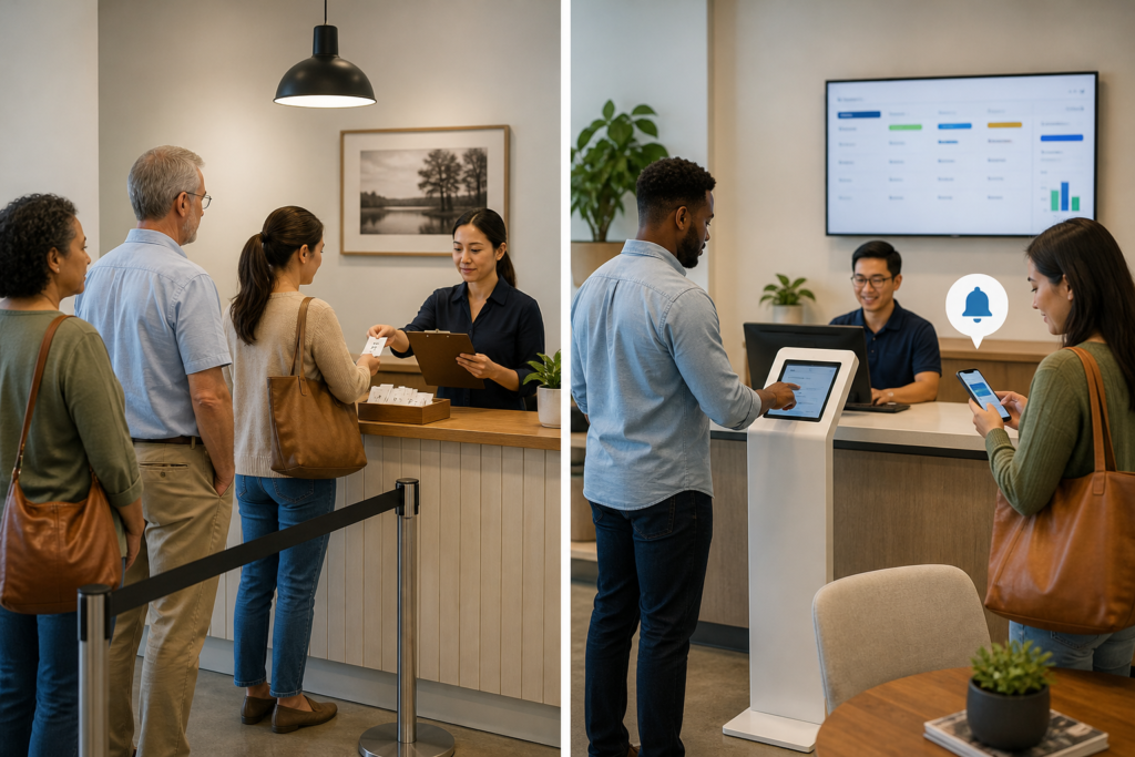A comparison of a manual queue with a clipboard and paper tickets and a digital queue using a kiosk and phone notifications.