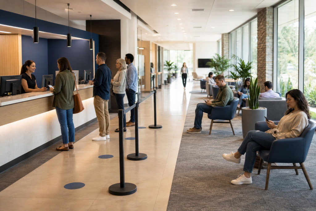 A service center showing an organized physical line beside customers waiting in a seating area after virtual check-in.
