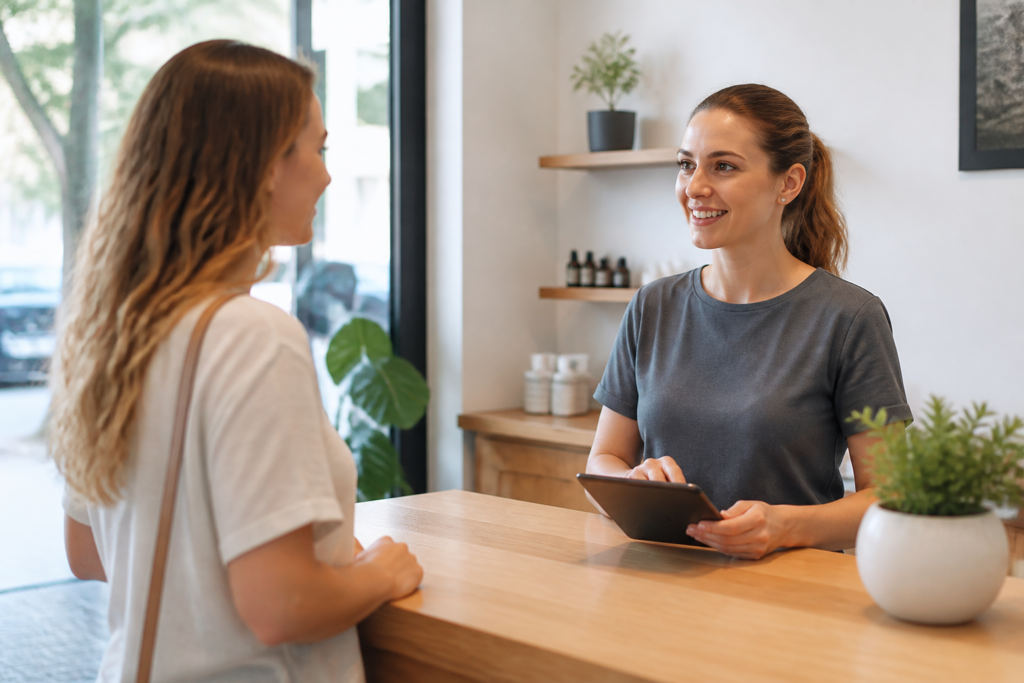 A service employee uses a tablet to organize a customer waiting list at a welcoming counter.