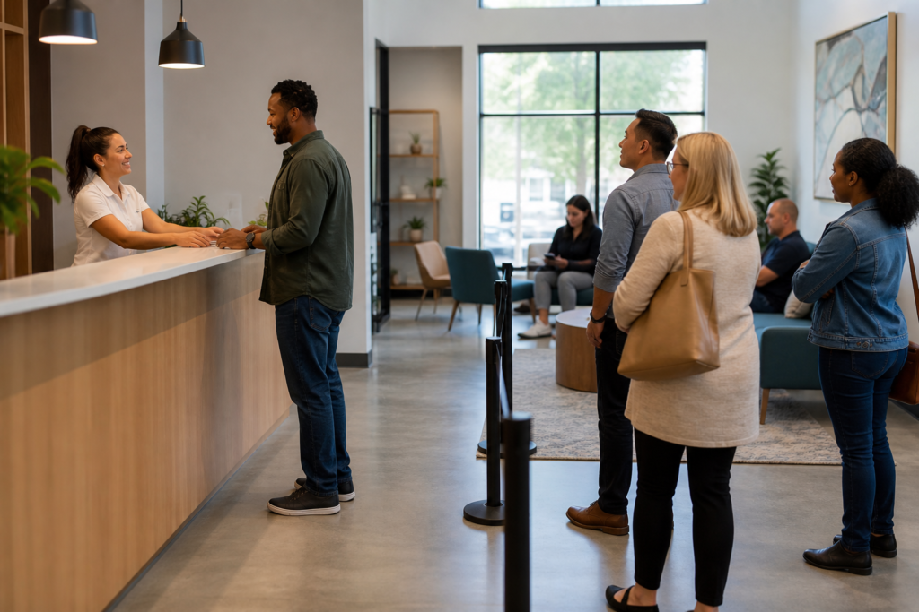 A staff member welcomes a walk-in customer at a small business check-in desk while other customers wait.