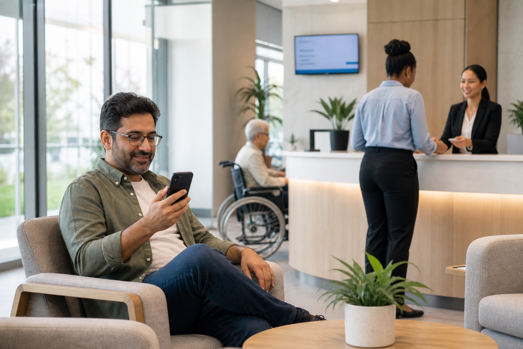 Customer checks a virtual queue update while waiting comfortably in a modern service center.