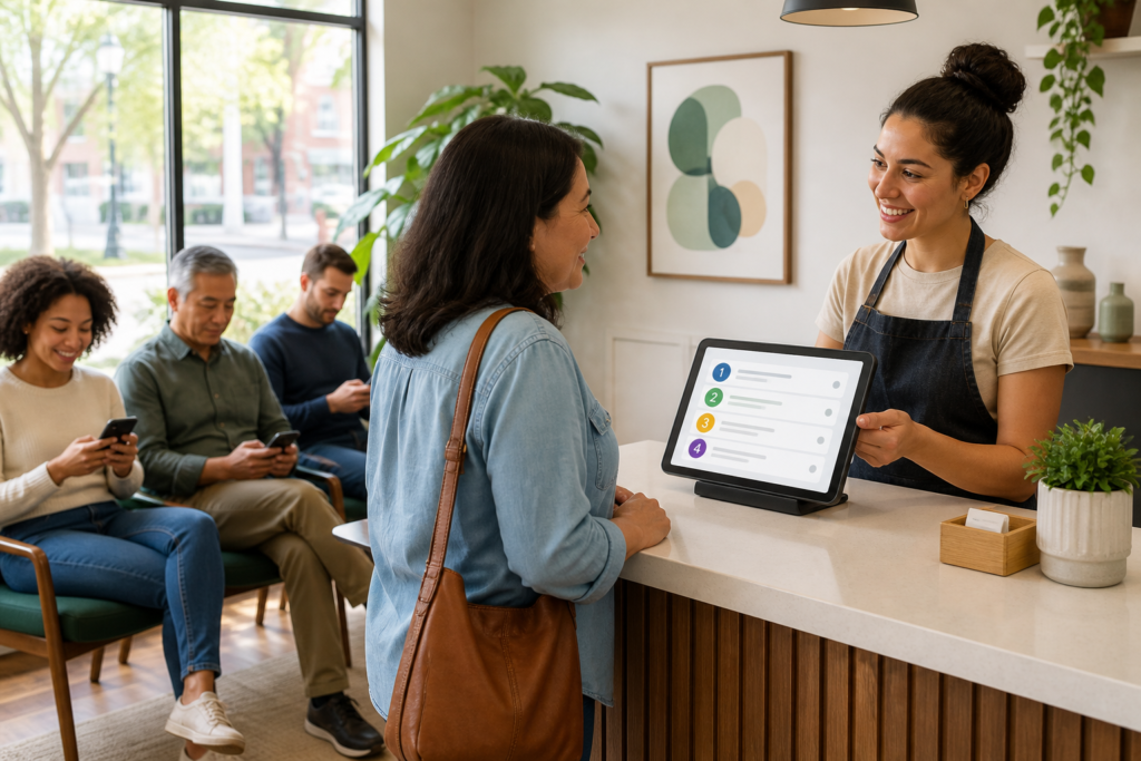 Small business employee serving customers while a tablet displays a digital queue